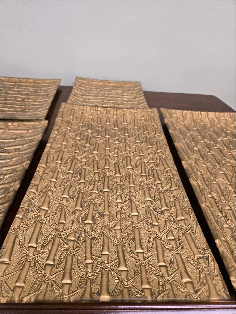 Set of 5 Gold Embossed Bamboo Design Placemats Asian Style Table Decor